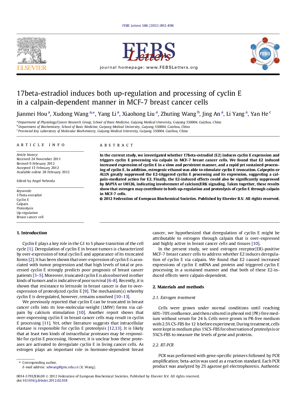 17beta-estradiol induces both up-regulation and processing of cyclin E in a calpain-dependent manner in MCF-7 breast cancer cells