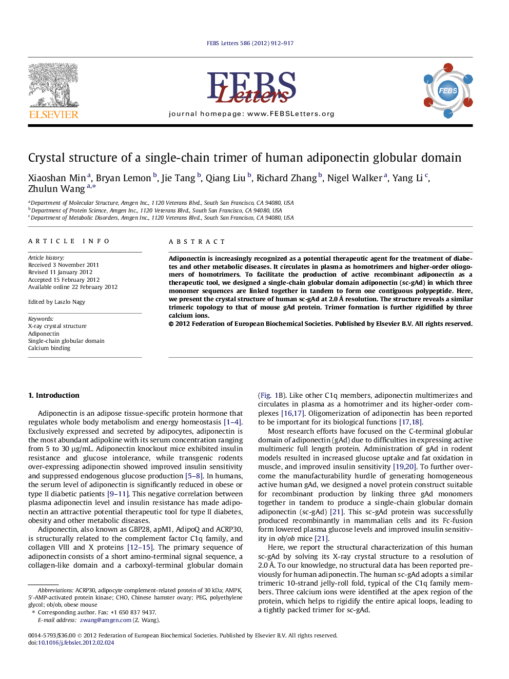 Crystal structure of a single-chain trimer of human adiponectin globular domain