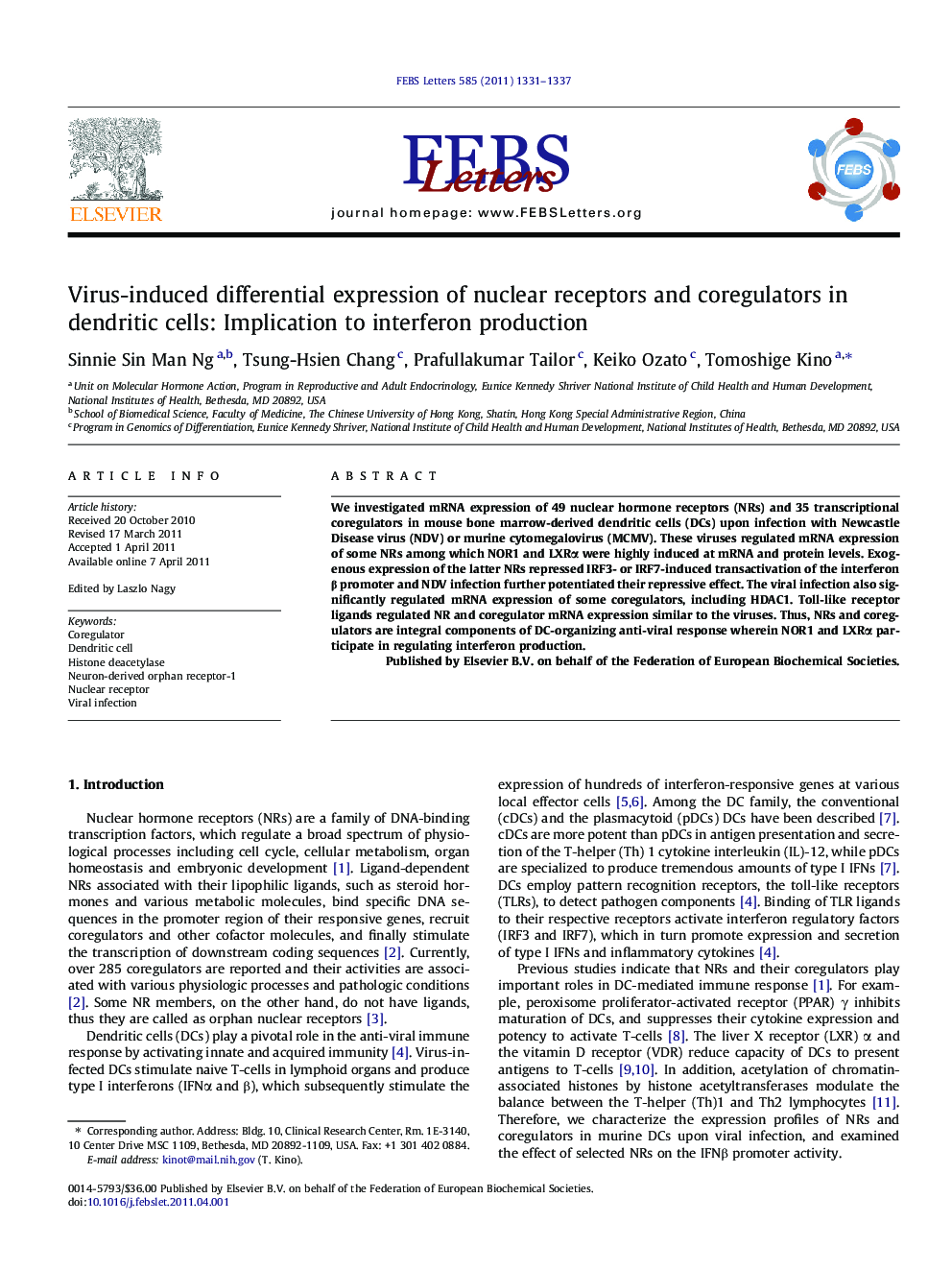 Virus-induced differential expression of nuclear receptors and coregulators in dendritic cells: Implication to interferon production