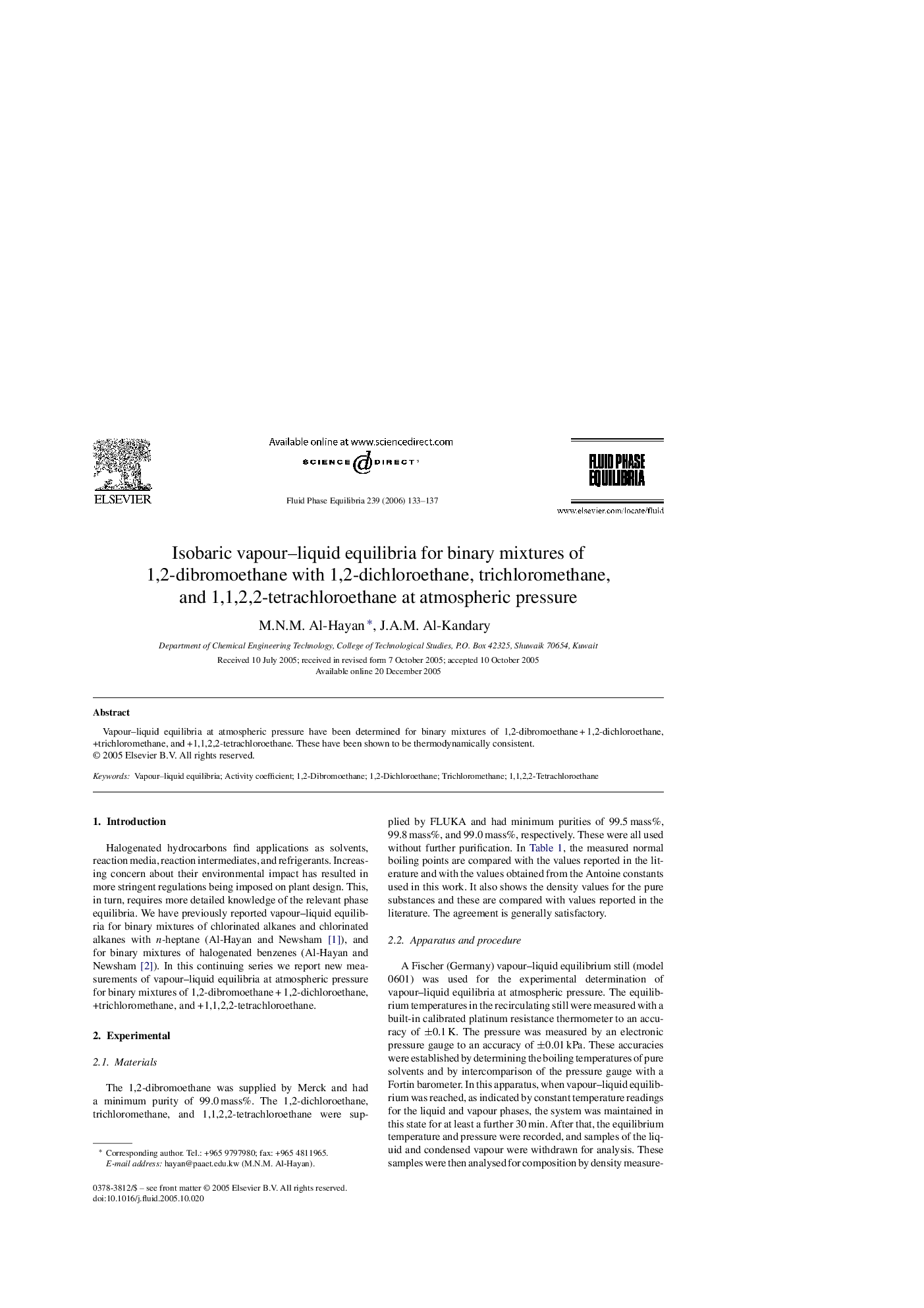 Isobaric vapour–liquid equilibria for binary mixtures of 1,2-dibromoethane with 1,2-dichloroethane, trichloromethane, and 1,1,2,2-tetrachloroethane at atmospheric pressure