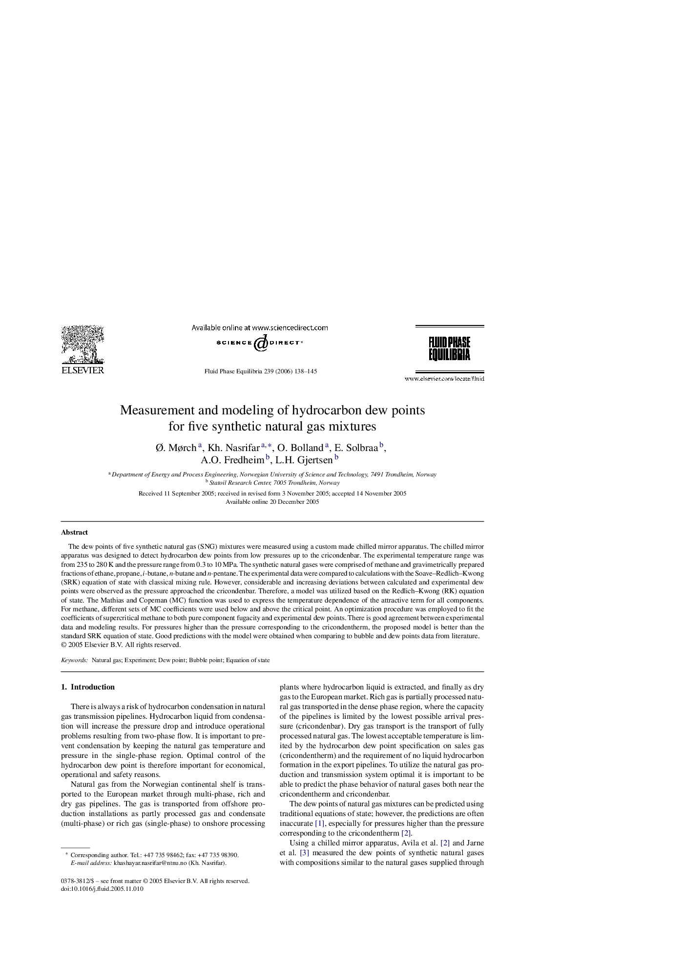 Measurement and modeling of hydrocarbon dew points for five synthetic natural gas mixtures