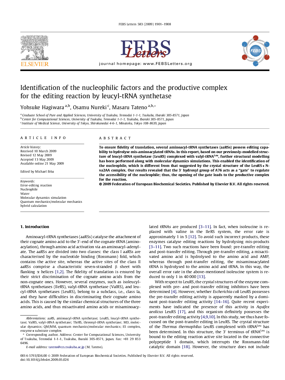 Identification of the nucleophilic factors and the productive complex for the editing reaction by leucyl-tRNA synthetase