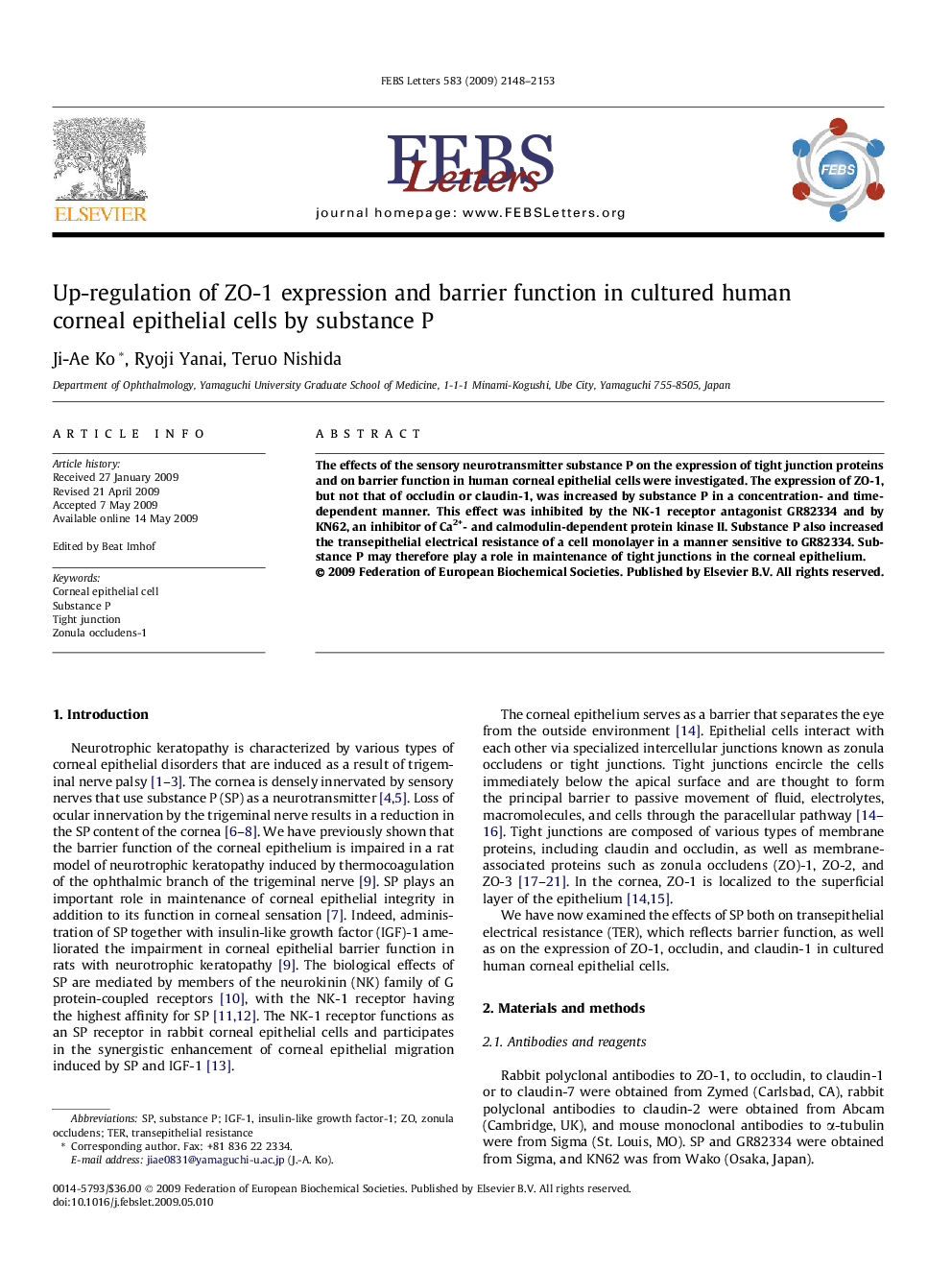 Up-regulation of ZO-1 expression and barrier function in cultured human corneal epithelial cells by substance P