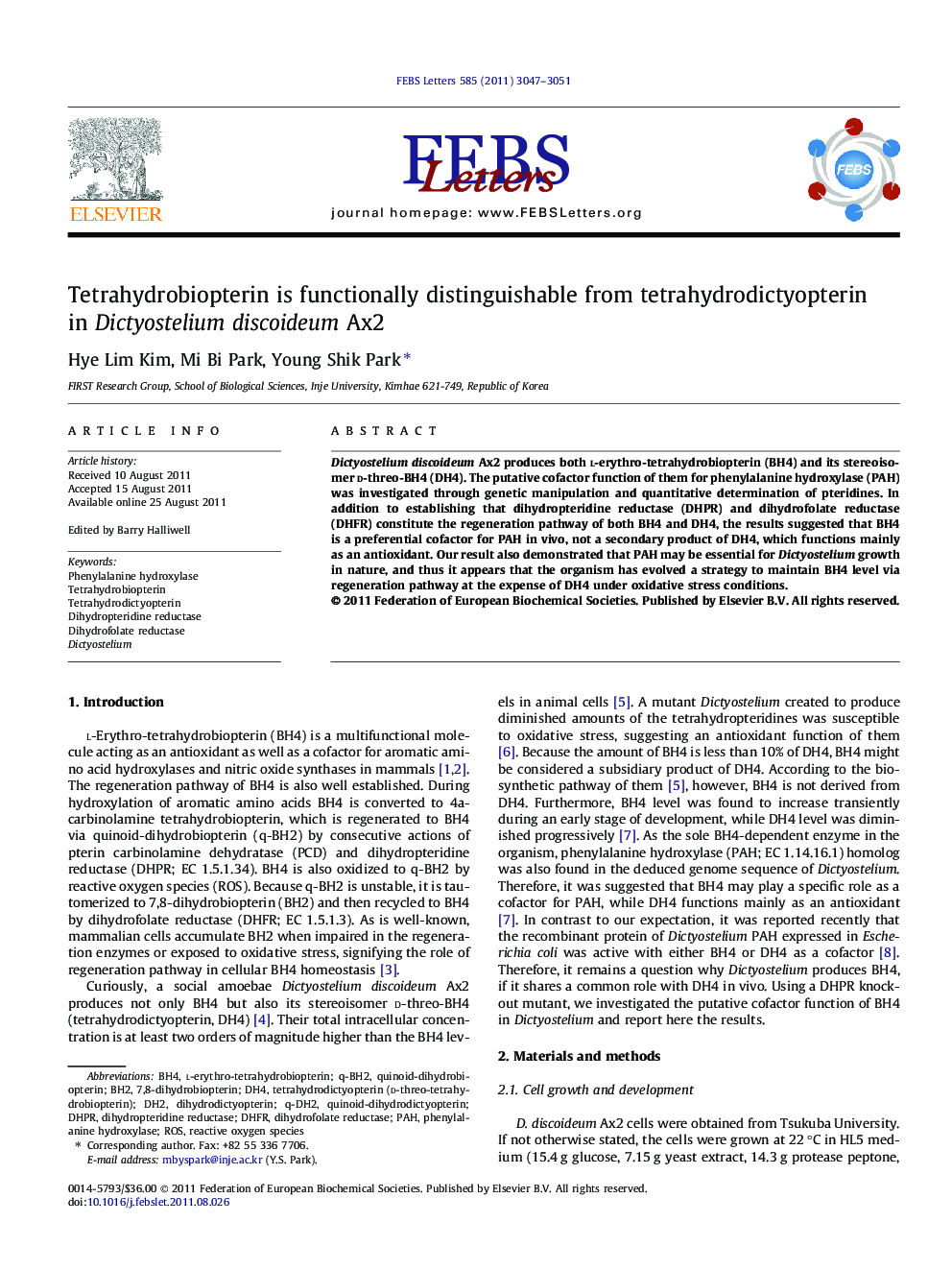 Tetrahydrobiopterin is functionally distinguishable from tetrahydrodictyopterin in Dictyostelium discoideum Ax2