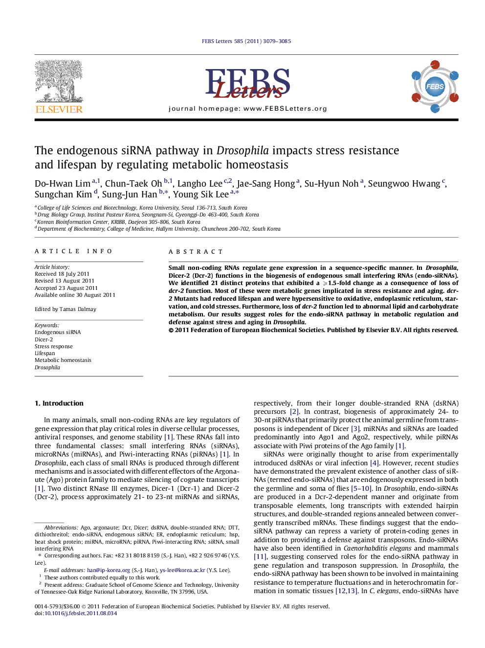 عکس صفحه اول مقاله: The endogenous siRNA pathway in Drosophila impacts stress resistance and lifespan by regulating metabolic homeostasis The endogenous siRNA pathway in Drosophila impacts stress resistance and lifespan by regulating metabolic homeostasis