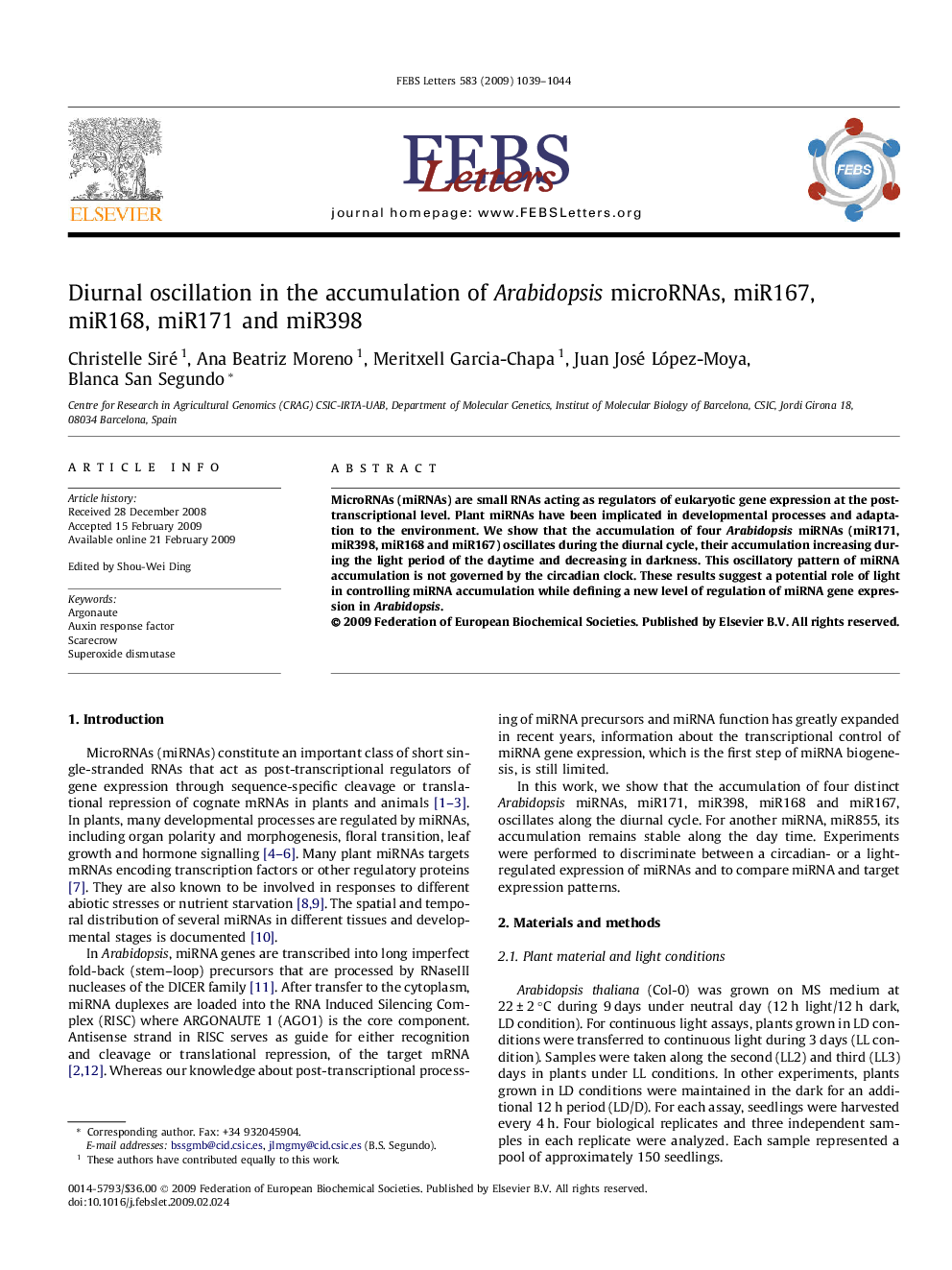 Diurnal oscillation in the accumulation of Arabidopsis microRNAs, miR167, miR168, miR171 and miR398