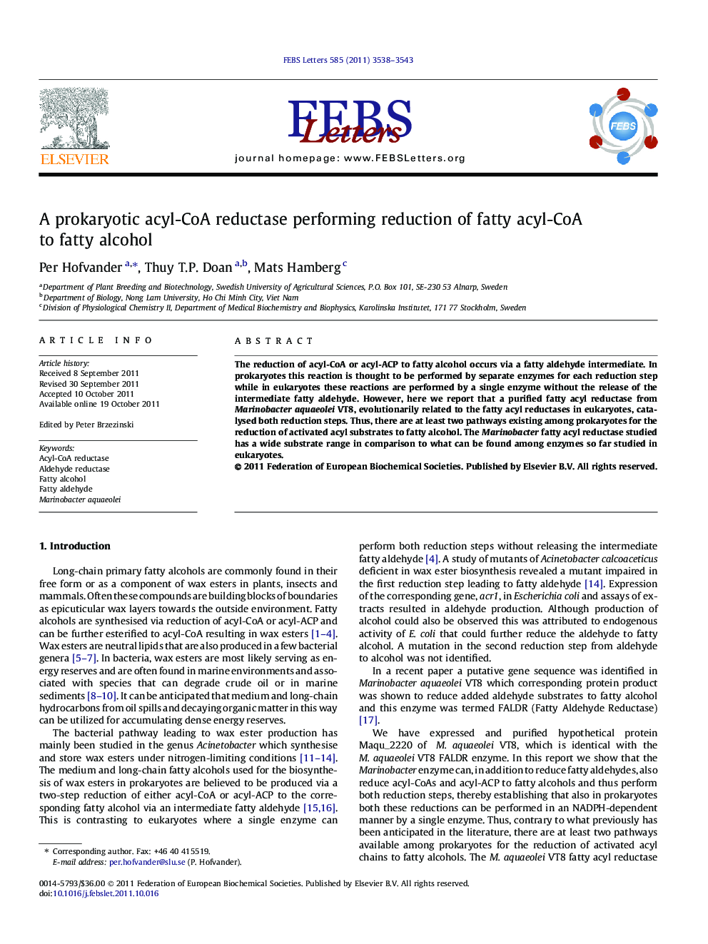 A prokaryotic acyl-CoA reductase performing reduction of fatty acyl-CoA to fatty alcohol