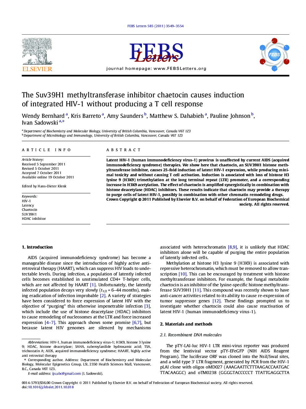 The Suv39H1 methyltransferase inhibitor chaetocin causes induction of integrated HIV-1 without producing a T cell response