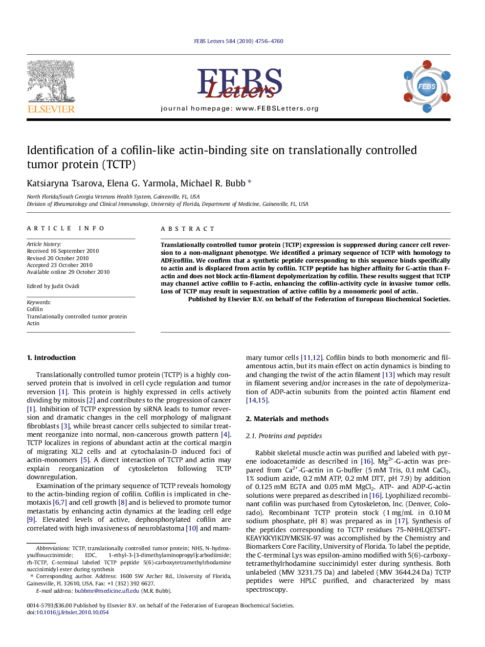 Identification of a cofilin-like actin-binding site on translationally controlled tumor protein (TCTP)