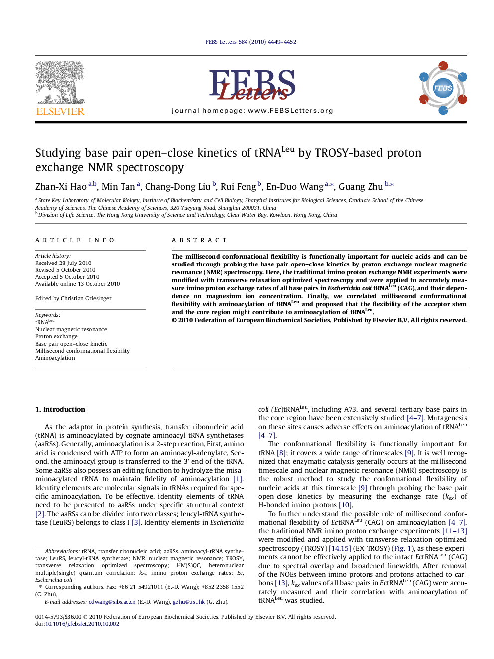 Studying base pair open–close kinetics of tRNALeu by TROSY-based proton exchange NMR spectroscopy