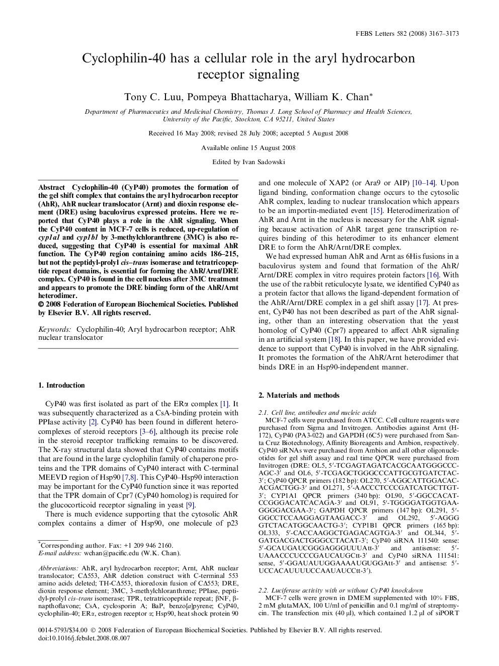 Cyclophilin-40 has a cellular role in the aryl hydrocarbon receptor signaling