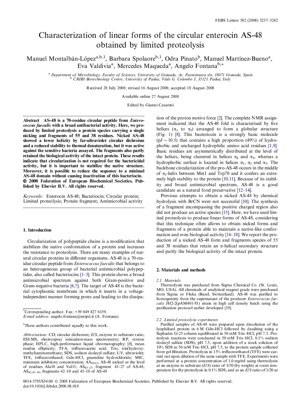 Characterization of linear forms of the circular enterocin AS-48 obtained by limited proteolysis