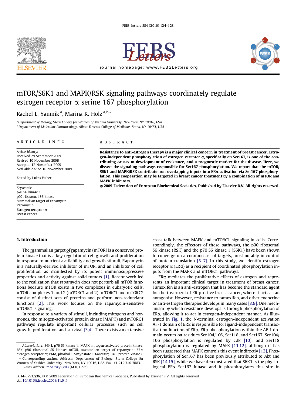 mTOR/S6K1 and MAPK/RSK signaling pathways coordinately regulate estrogen receptor α serine 167 phosphorylation