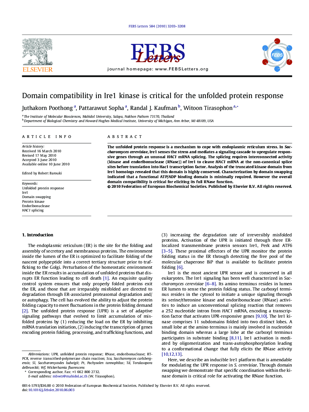 Domain compatibility in Ire1 kinase is critical for the unfolded protein response