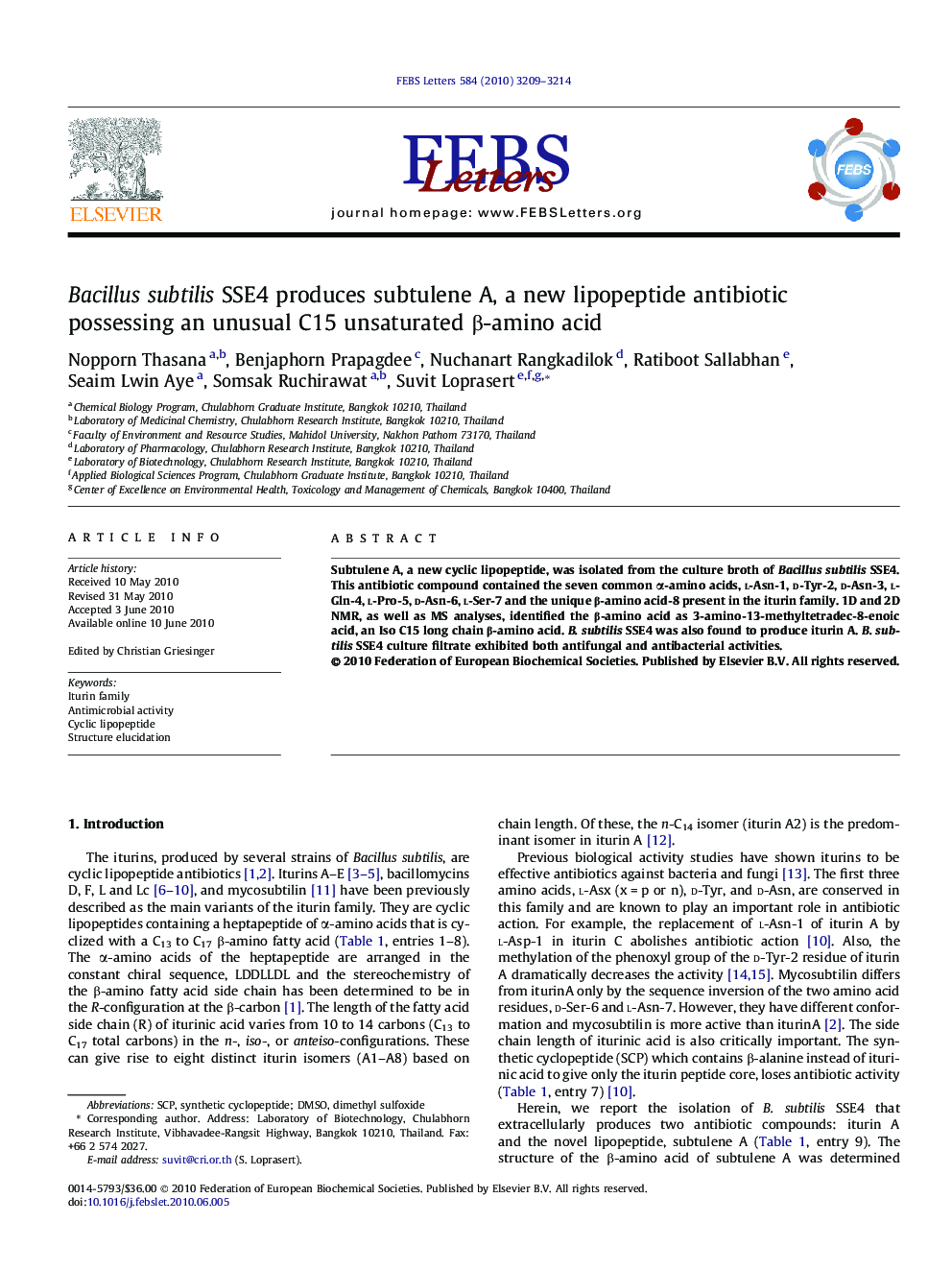 Bacillus subtilis SSE4 produces subtulene A, a new lipopeptide antibiotic possessing an unusual C15 unsaturated β-amino acid