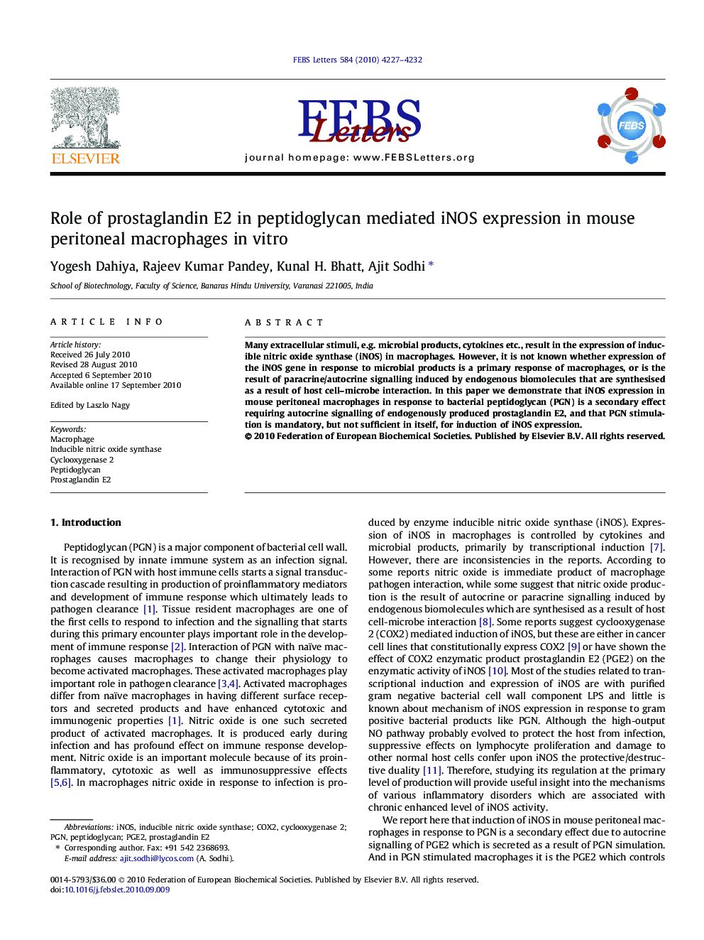 Role of prostaglandin E2 in peptidoglycan mediated iNOS expression in mouse peritoneal macrophages in vitro