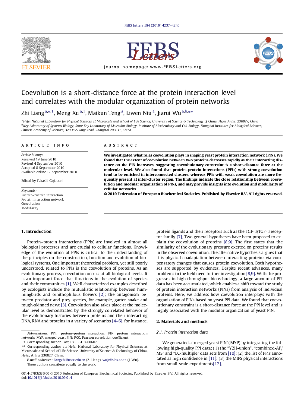 Coevolution is a short-distance force at the protein interaction level and correlates with the modular organization of protein networks