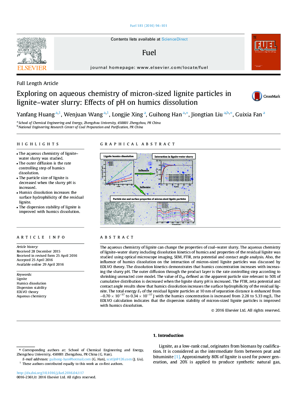 Exploring on aqueous chemistry of micron-sized lignite particles in lignite–water slurry: Effects of pH on humics dissolution