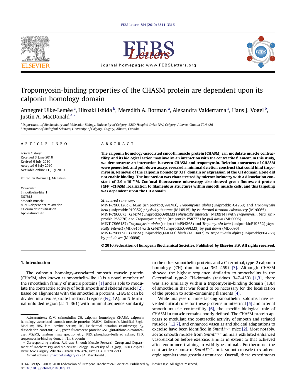 Tropomyosin-binding properties of the CHASM protein are dependent upon its calponin homology domain