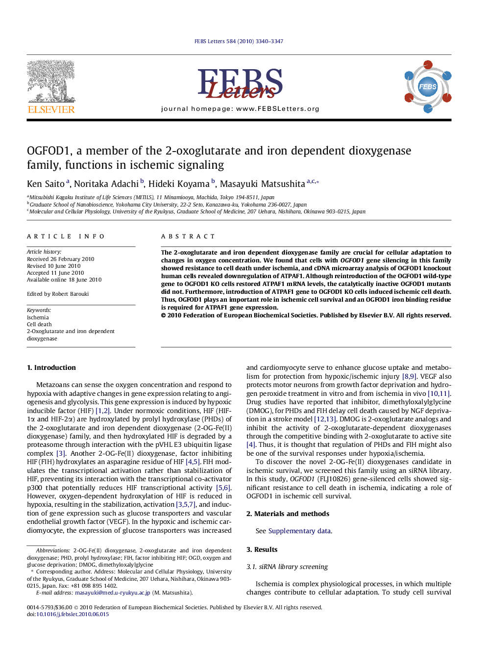 OGFOD1, a member of the 2-oxoglutarate and iron dependent dioxygenase family, functions in ischemic signaling