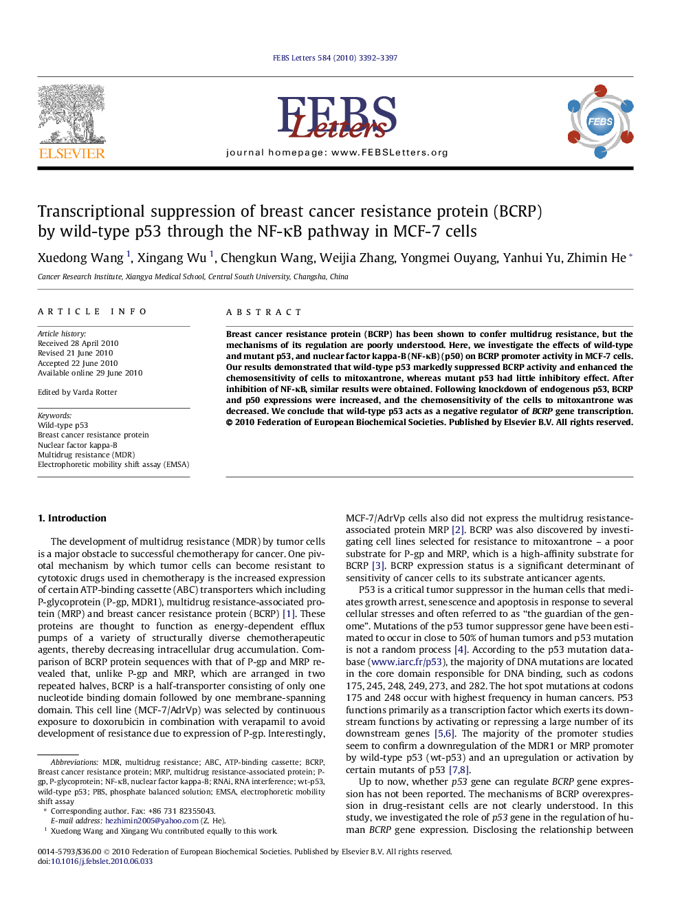 Transcriptional suppression of breast cancer resistance protein (BCRP) by wild-type p53 through the NF-κB pathway in MCF-7 cells