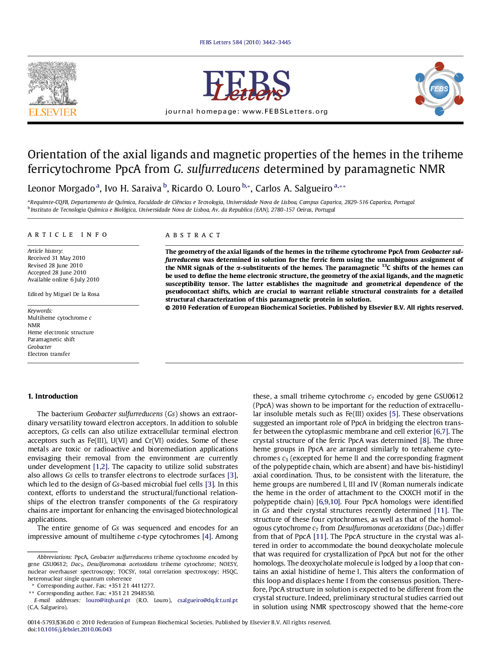 Orientation of the axial ligands and magnetic properties of the hemes in the triheme ferricytochrome PpcA from G. sulfurreducens determined by paramagnetic NMR