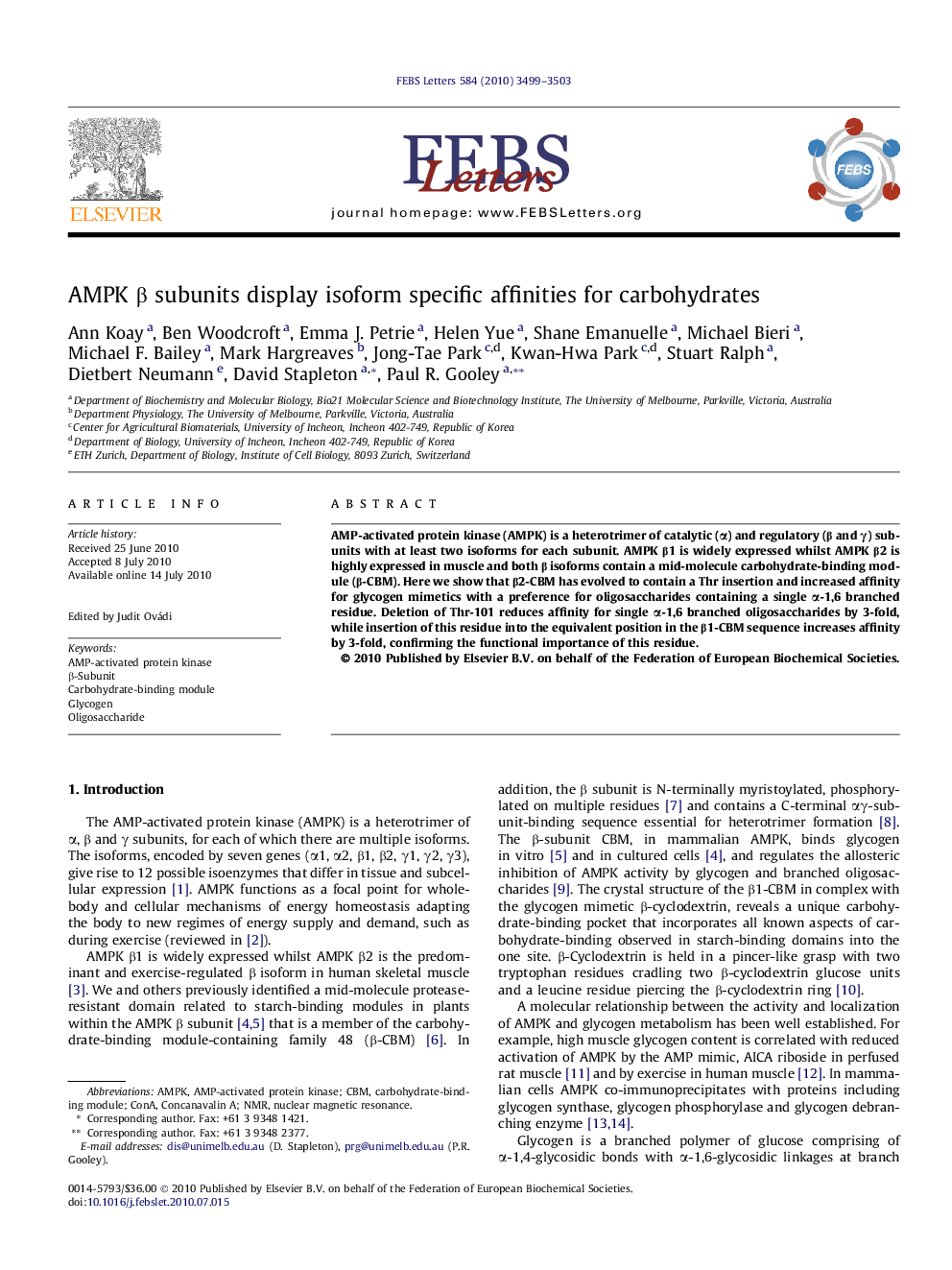 AMPK β subunits display isoform specific affinities for carbohydrates