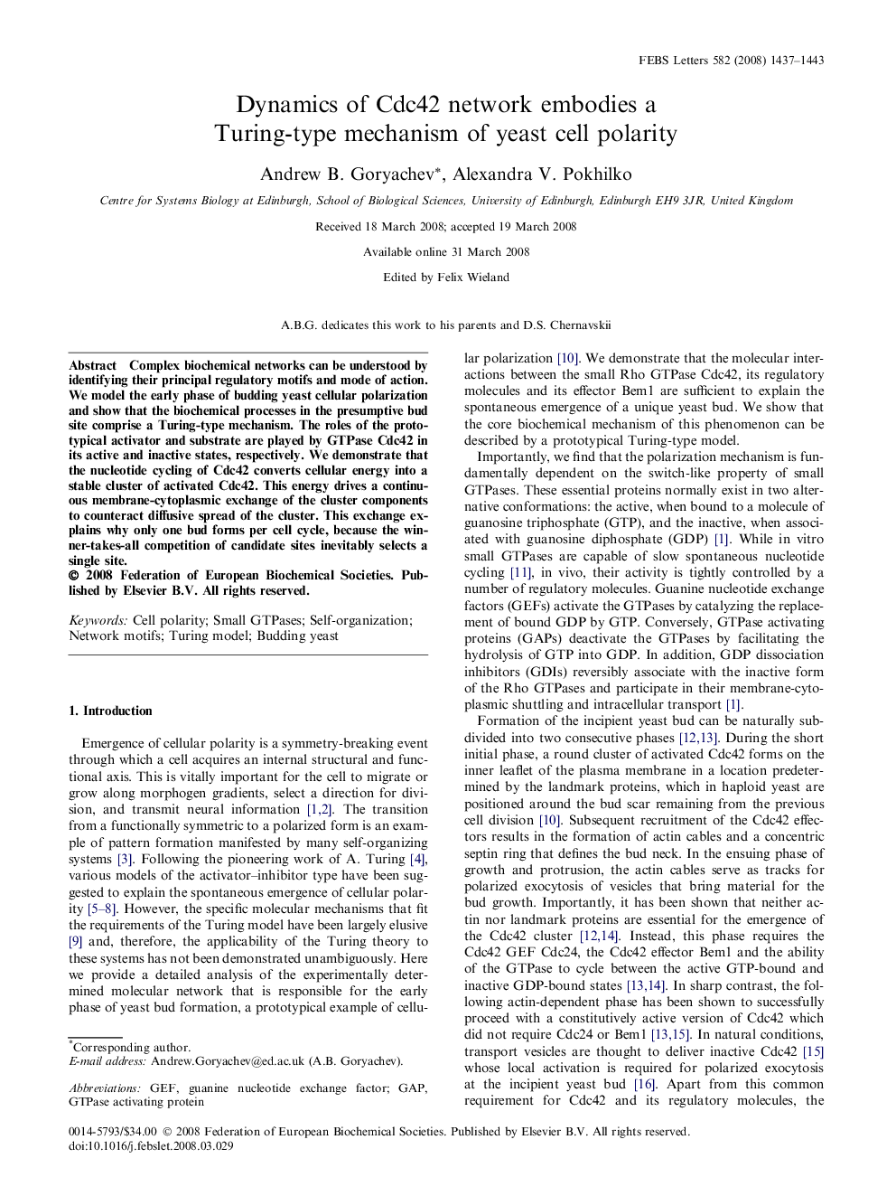 Dynamics of Cdc42 network embodies a Turing-type mechanism of yeast cell polarity