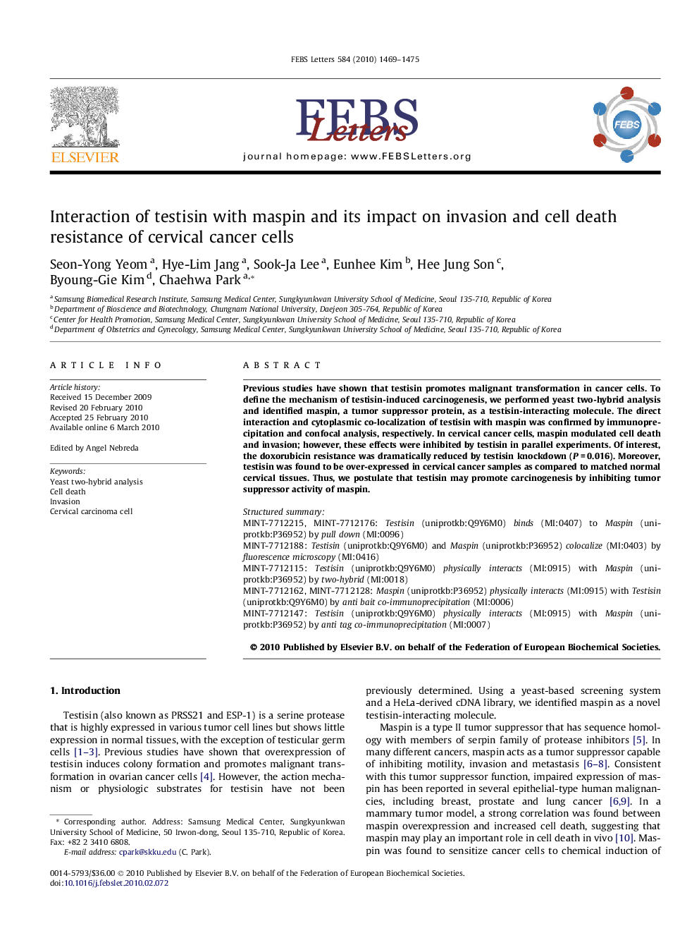 Interaction of testisin with maspin and its impact on invasion and cell death resistance of cervical cancer cells