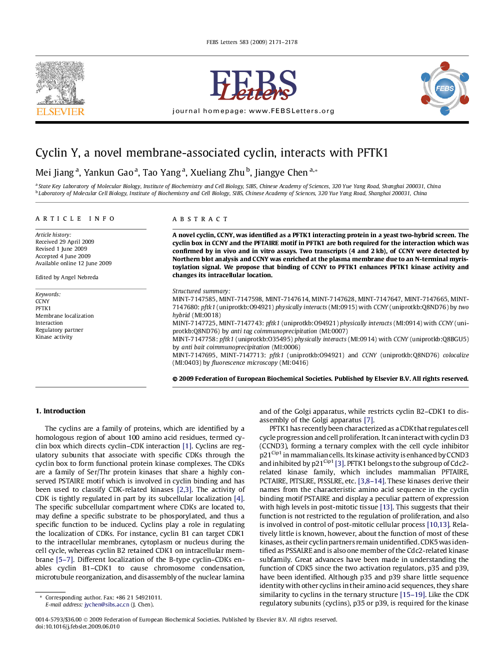 Cyclin Y, a novel membrane-associated cyclin, interacts with PFTK1