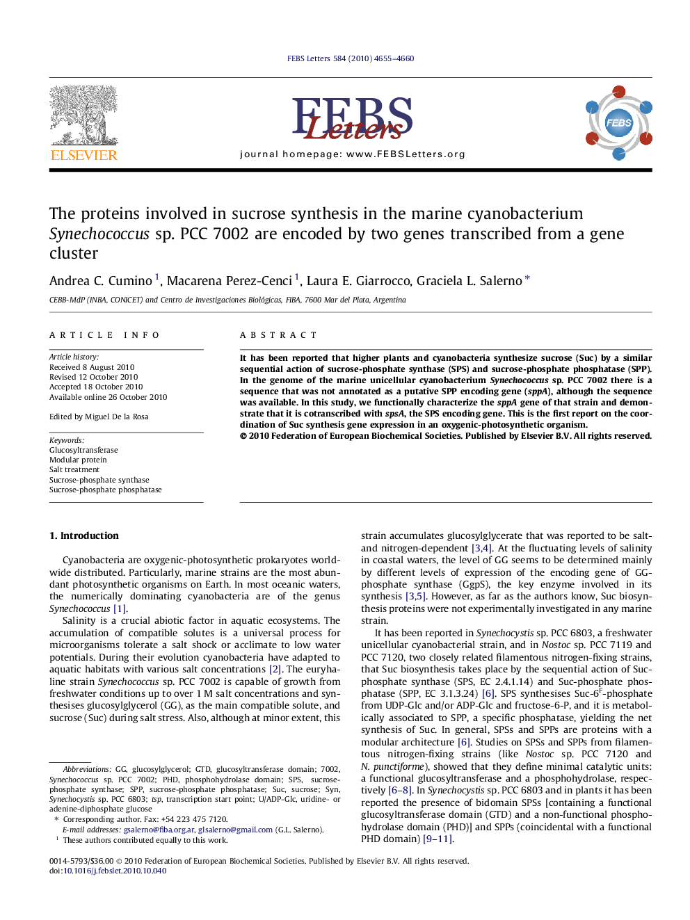 The proteins involved in sucrose synthesis in the marine cyanobacterium Synechococcus sp. PCC 7002 are encoded by two genes transcribed from a gene cluster