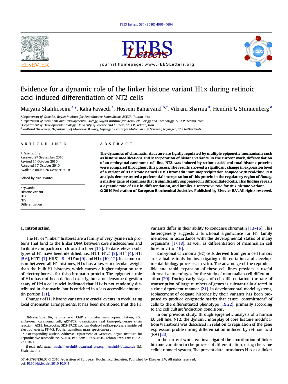 Evidence for a dynamic role of the linker histone variant H1x during retinoic acid-induced differentiation of NT2 cells