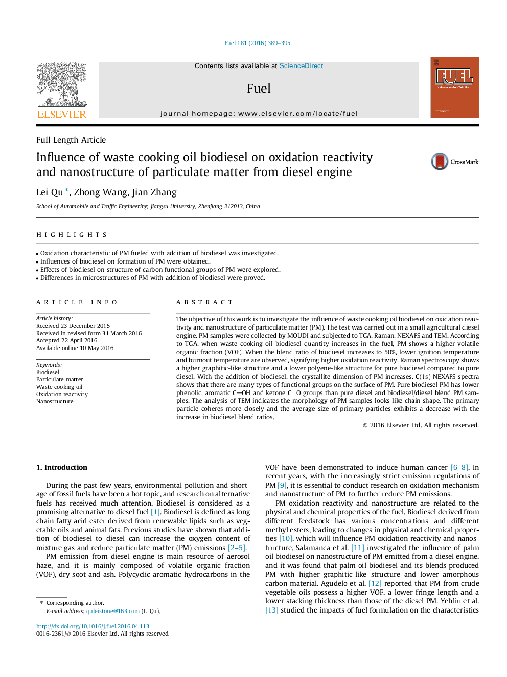 Influence of waste cooking oil biodiesel on oxidation reactivity and nanostructure of particulate matter from diesel engine