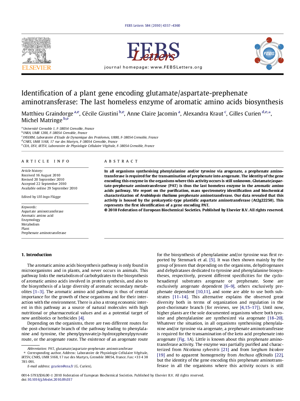 Identification of a plant gene encoding glutamate/aspartate-prephenate aminotransferase: The last homeless enzyme of aromatic amino acids biosynthesis