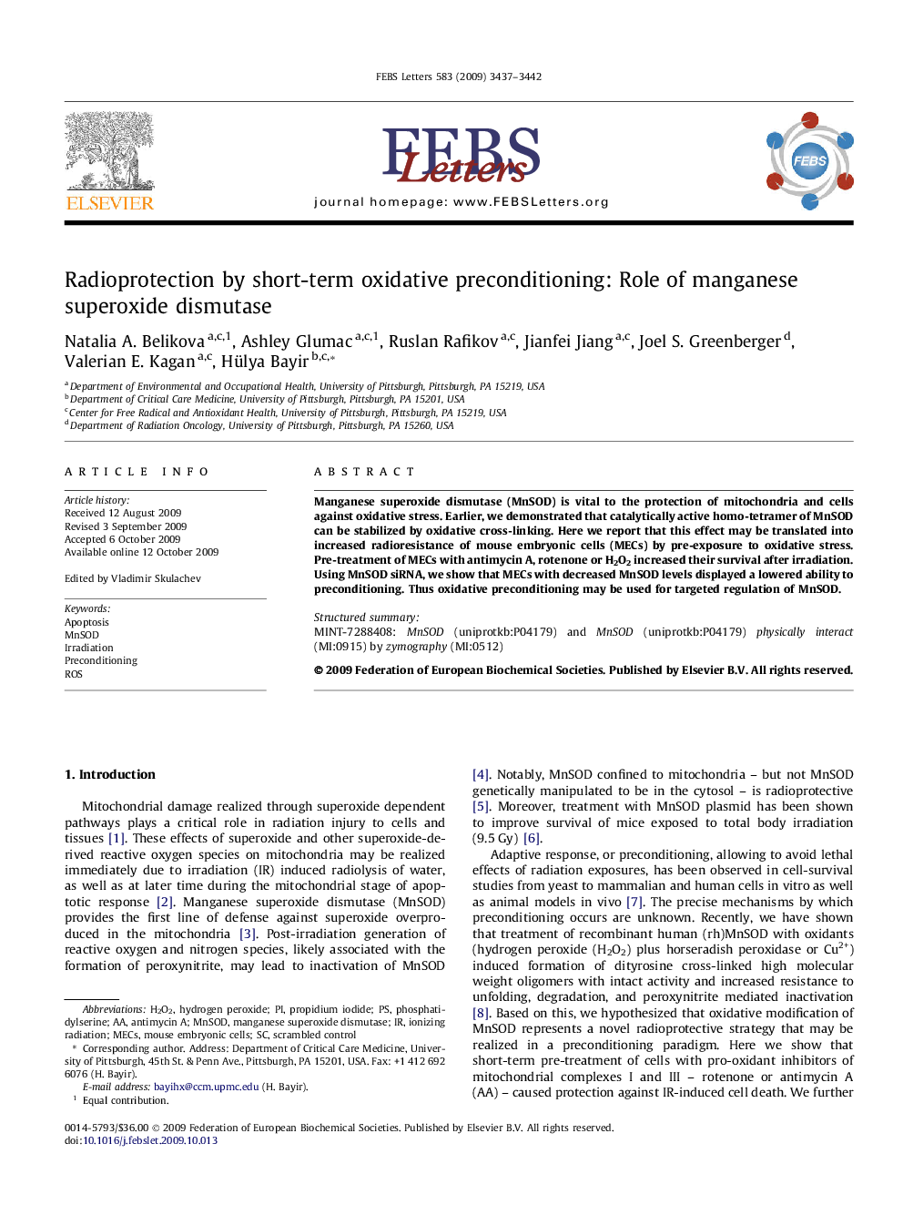 Radioprotection by short-term oxidative preconditioning: Role of manganese superoxide dismutase