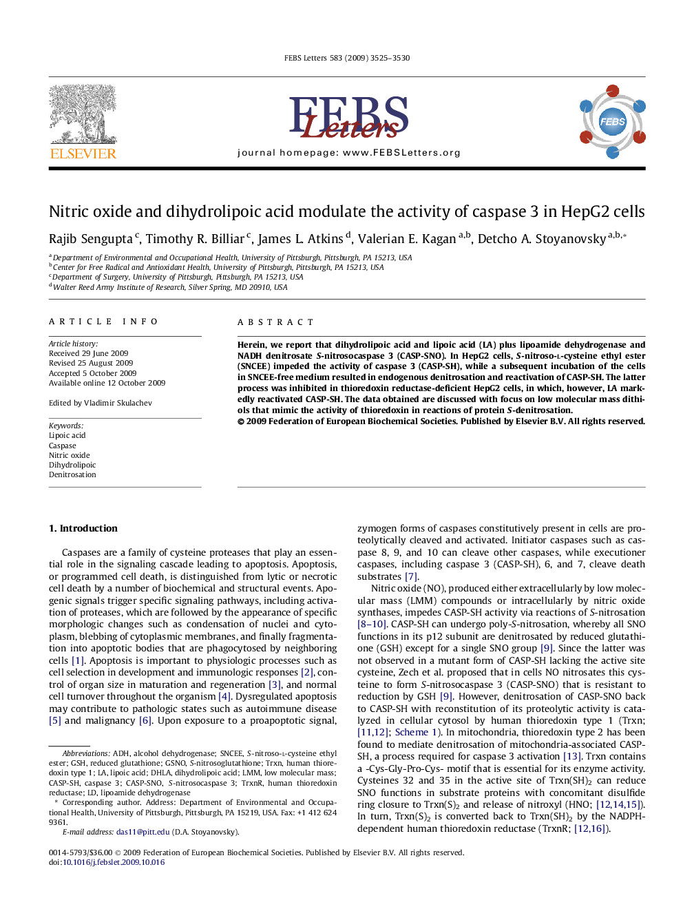 Nitric oxide and dihydrolipoic acid modulate the activity of caspase 3 in HepG2 cells