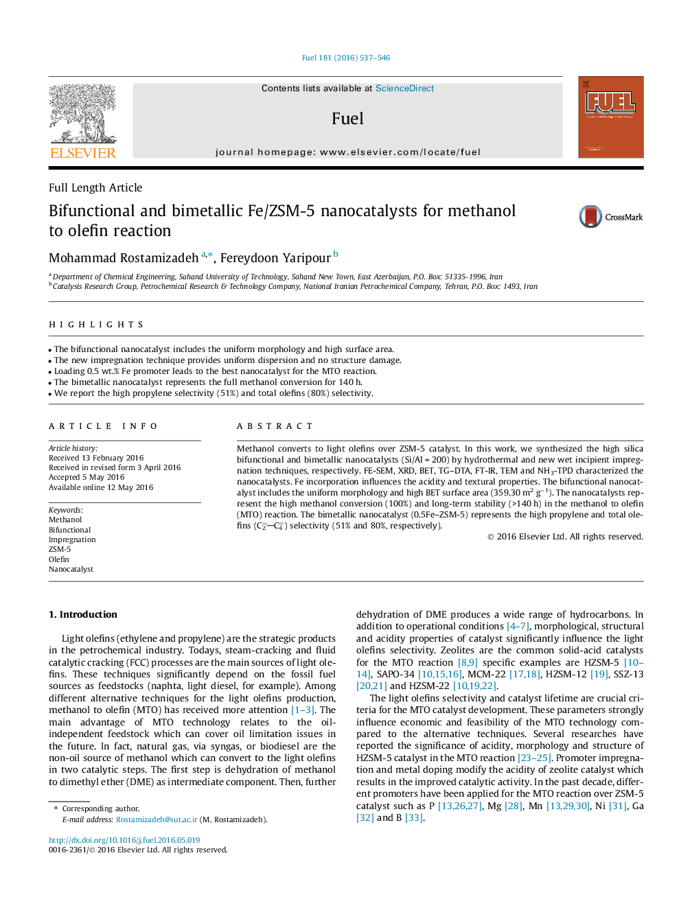 Bifunctional and bimetallic Fe/ZSM-5 nanocatalysts for methanol to olefin reaction