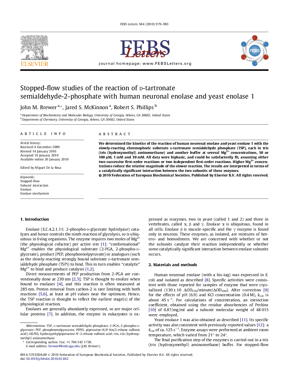 Stopped-flow studies of the reaction of d-tartronate semialdehyde-2-phosphate with human neuronal enolase and yeast enolase 1