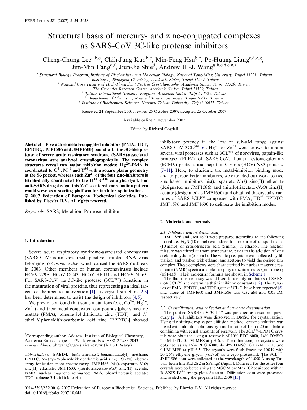 Structural basis of mercury- and zinc-conjugated complexes as SARS-CoV 3C-like protease inhibitors