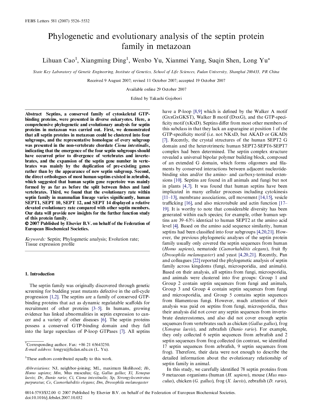 Phylogenetic and evolutionary analysis of the septin protein family in metazoan