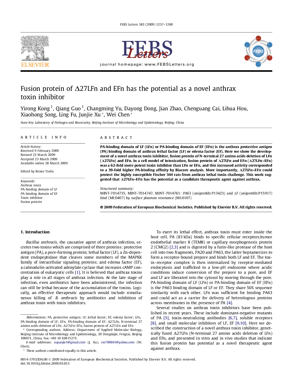 Fusion protein of Δ27LFn and EFn has the potential as a novel anthrax toxin inhibitor