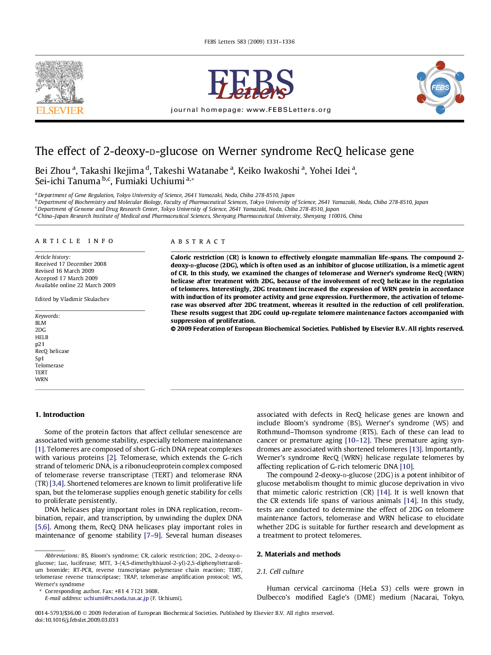 The effect of 2-deoxy-d-glucose on Werner syndrome RecQ helicase gene