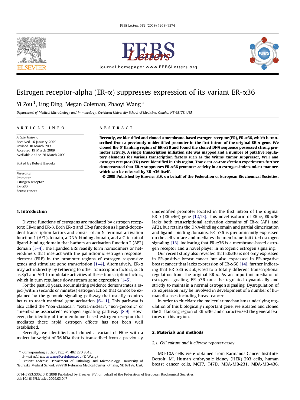 Estrogen receptor-alpha (ER-α) suppresses expression of its variant ER-α36