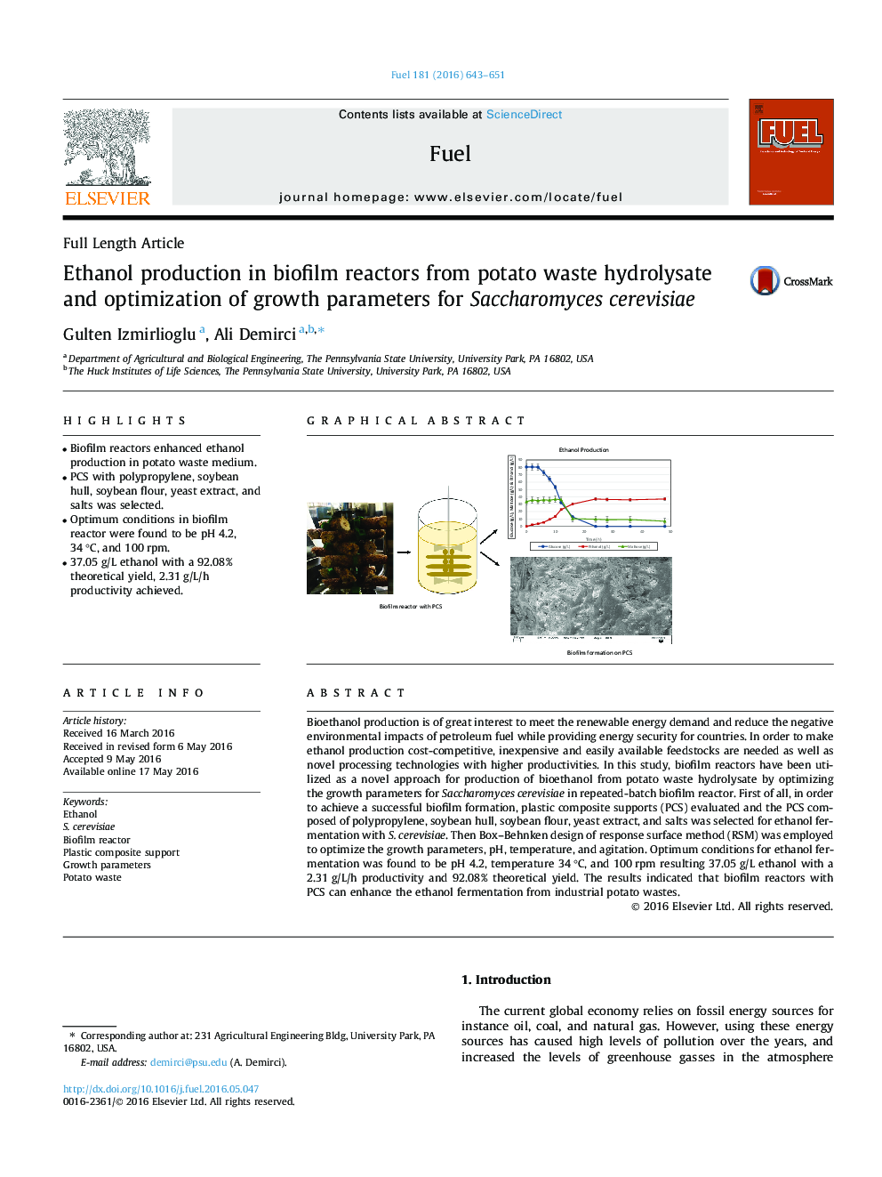 Ethanol production in biofilm reactors from potato waste hydrolysate and optimization of growth parameters for Saccharomyces cerevisiae