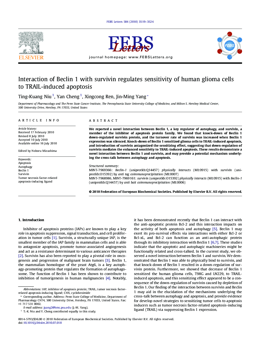 Interaction of Beclin 1 with survivin regulates sensitivity of human glioma cells to TRAIL-induced apoptosis