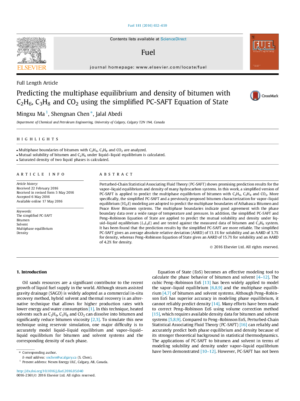 Predicting the multiphase equilibrium and density of bitumen with C2H6, C3H8 and CO2 using the simplified PC-SAFT Equation of State