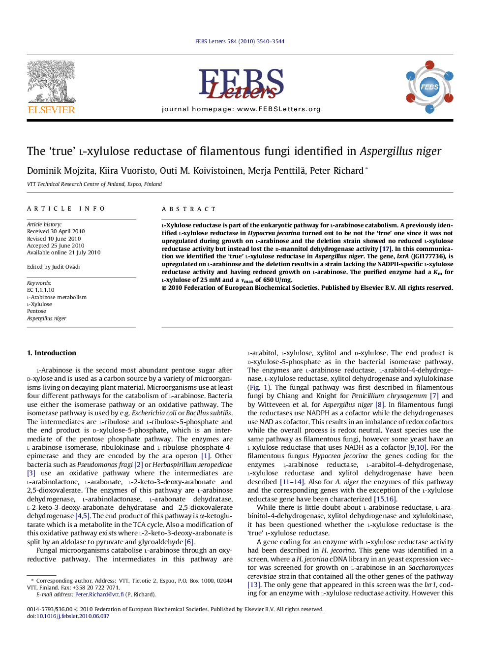 The ‘true’ l-xylulose reductase of filamentous fungi identified in Aspergillus niger