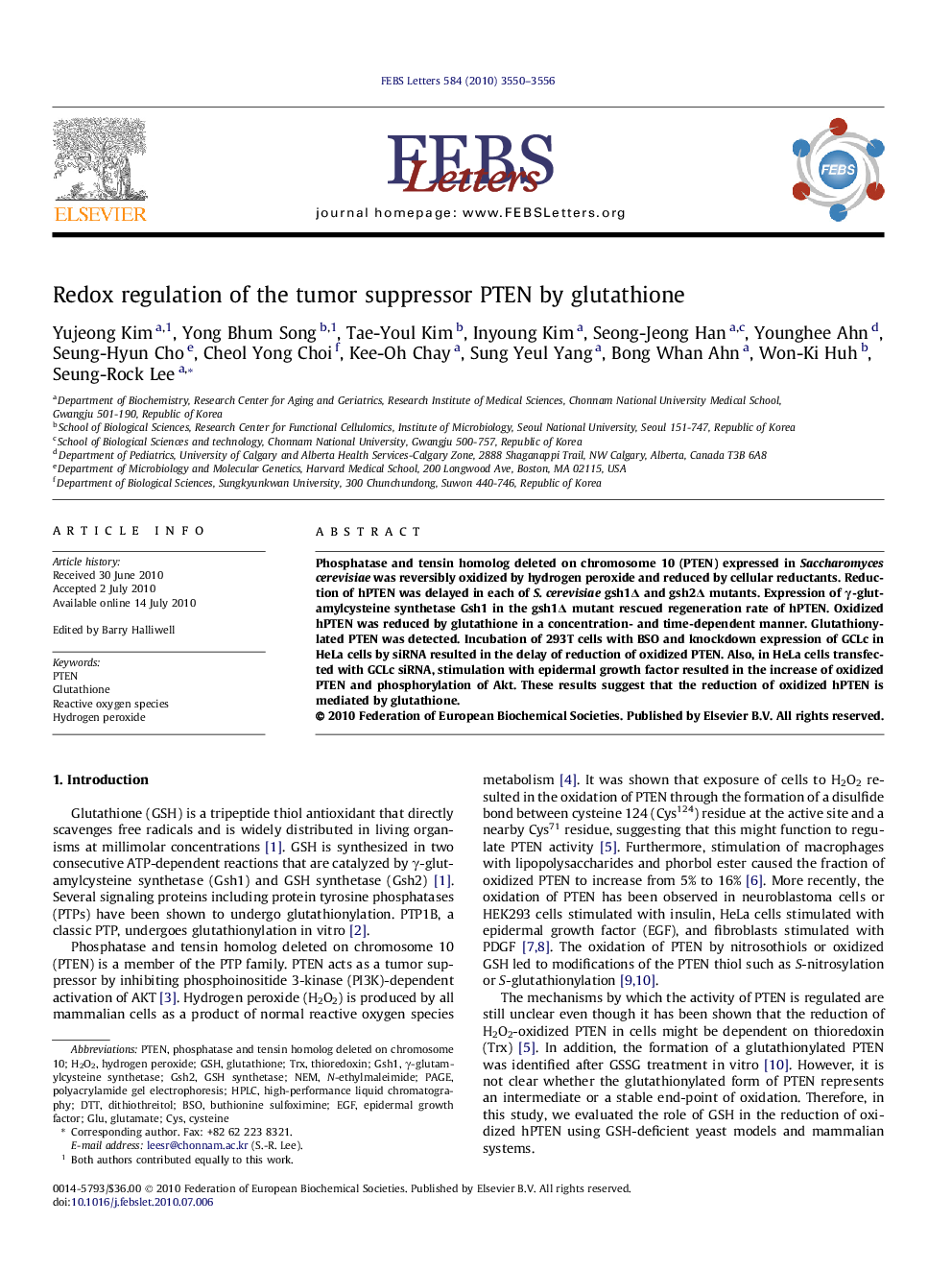 Redox regulation of the tumor suppressor PTEN by glutathione