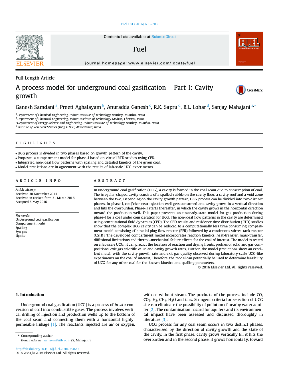 A process model for underground coal gasification – Part-I: Cavity growth