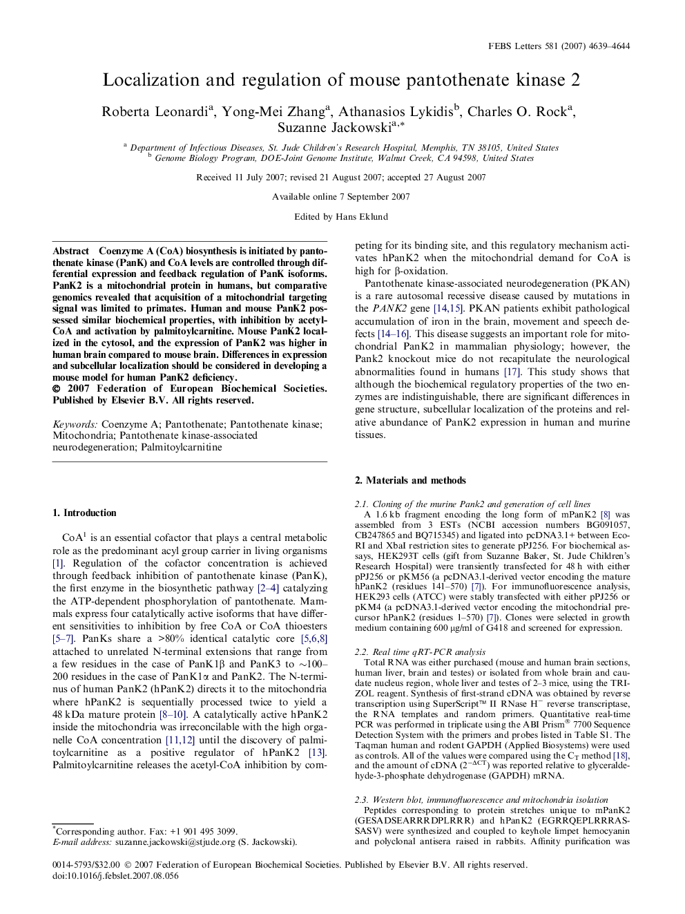 Localization and regulation of mouse pantothenate kinase 2